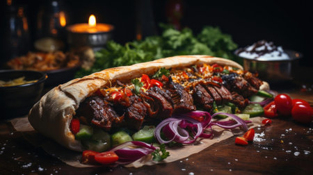 Delicious kebab full of meat and vegetables, black and blur backgroundの素材