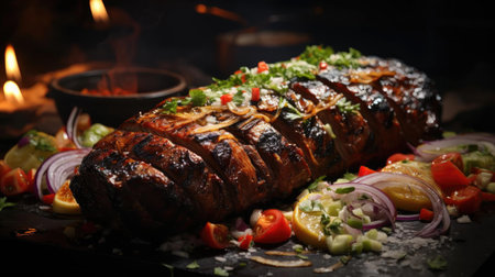 Delicious kebab full of meat and vegetables, black and blur backgroundの素材