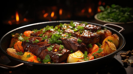 delicious pot roast meat with black and blur backgroundの素材