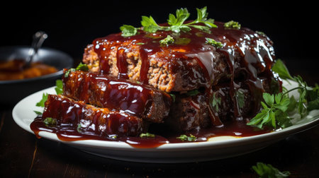 delicious meatloaf with vegetable topping, black and blurred backgroundの素材