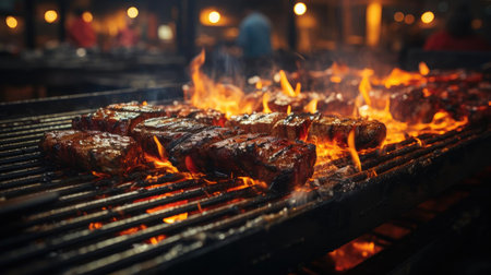 Realistic grilled barbeque with melted barbeque sauce and cut vegetables, black and blur backgroundの素材