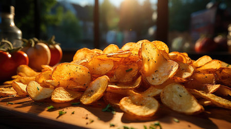 Potato Chips with a sprinkling of savory salty spices on a wooden table with a blurred backgroundの素材