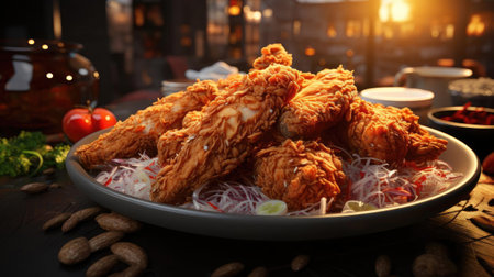 Delicious fried chicken with sweet and sour sauce on a wooden table with a blurred backgroundの素材
