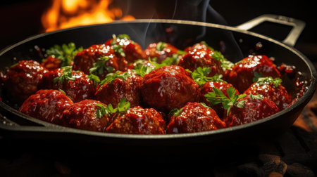 meatballs with melted tomato sauce on a bowl with a black and blur backgroundの素材
