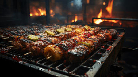 Realistic grilled barbeque with melted barbeque sauce and cut vegetables, black and blur backgroundの素材