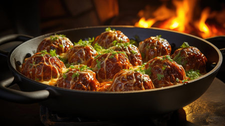 meatballs with melted tomato sauce on a bowl with a black and blur backgroundの素材