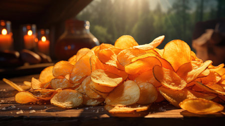 Potato Chips with a sprinkling of savory salty spices on a wooden table with a blurred backgroundの素材