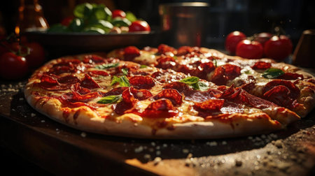 full pizza with vegetables and meat on wooden table with blur backgroundの素材