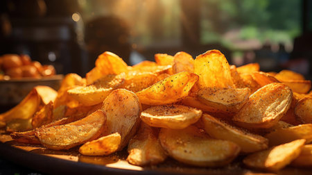 Potato Chips with a sprinkling of savory salty spices on a wooden table with a blurred backgroundの素材