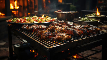 Realistic grilled barbeque with melted barbeque sauce and cut vegetables, black and blur backgroundの素材