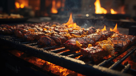 Realistic grilled barbeque with melted barbeque sauce and cut vegetables, black and blur backgroundの素材