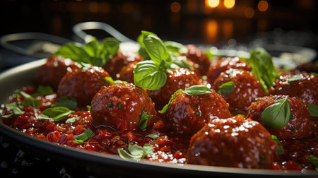 meatballs with melted tomato sauce on a bowl with a black and blur backgroundの素材