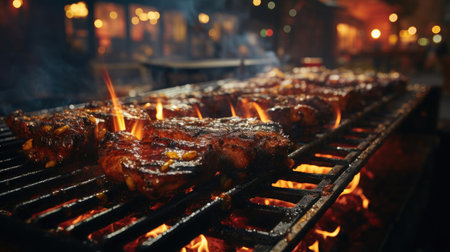 Realistic grilled barbeque with melted barbeque sauce and cut vegetables, black and blur backgroundの素材