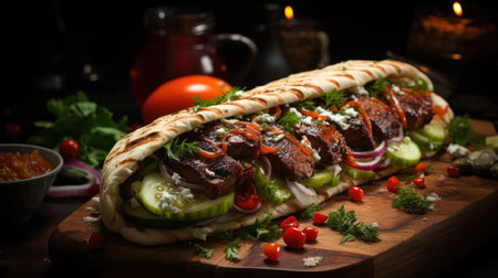 Delicious kebab full of meat and vegetables, black and blur backgroundの素材