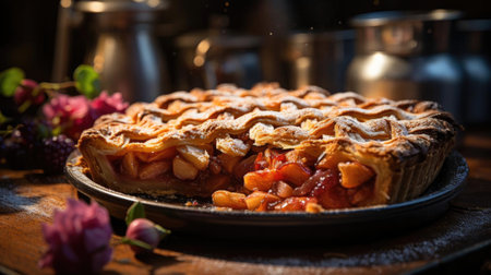 sweet apple pie with white sugar sprinkles on a wooden tray and blurred backgroundの素材