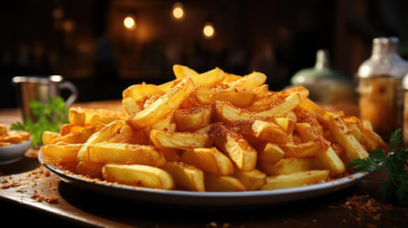 Delicious French fries, crunchy, salty, tasty, with blur backgroundの素材