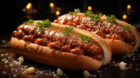 hotdog with a large sausage filled with melted mayonnaise and a sprinkling of chopped greensの素材