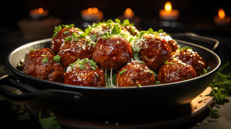 meatballs with melted tomato sauce on a bowl with a black and blur backgroundの素材