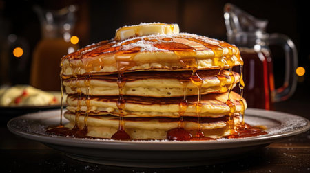 Close-Up of pile of pancakes with melted sweet syrup and fruit toppings with a blurred backgroundの素材