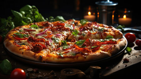 full pizza with vegetables and meat on wooden table with blur backgroundの素材