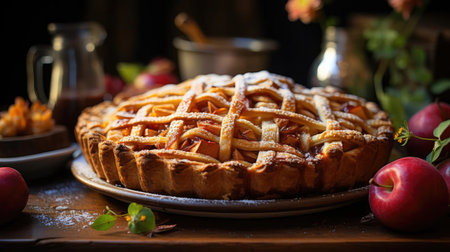 sweet apple pie with white sugar sprinkles on a wooden tray and blurred backgroundの素材
