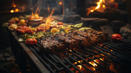 Realistic grilled barbeque with melted barbeque sauce and cut vegetables, black and blur backgroundの素材
