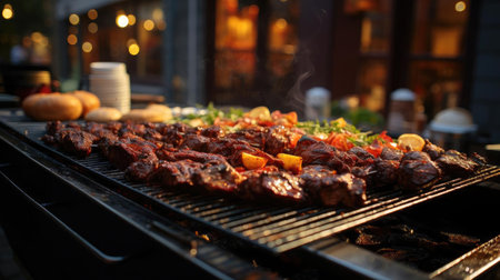 Realistic grilled barbeque with melted barbeque sauce and cut vegetables, black and blur backgroundの素材