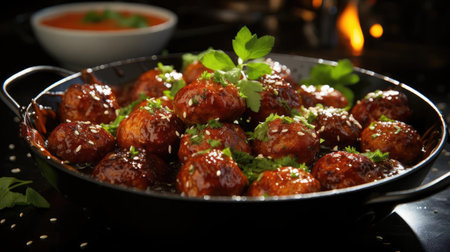 meatballs with melted tomato sauce on a bowl with a black and blur backgroundの素材