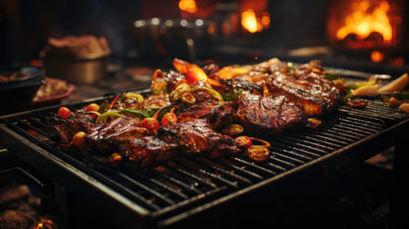 Realistic grilled barbeque with melted barbeque sauce and cut vegetables, black and blur backgroundの素材