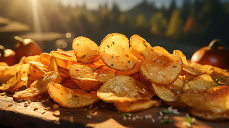 Potato Chips with a sprinkling of savory salty spices on a wooden table with a blurred backgroundの素材