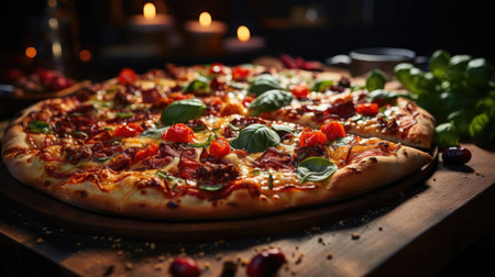 full pizza with vegetables and meat on wooden table with blur backgroundの素材