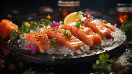 Delicious fresh sashimi on ice with black and blur backgroundの素材