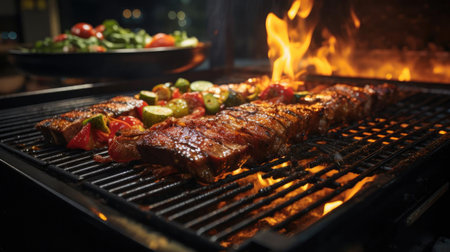 Realistic grilled barbeque with melted barbeque sauce and cut vegetables, black and blur backgroundの素材