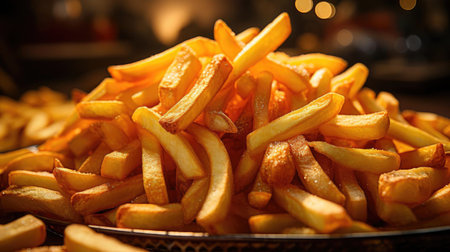 Delicious French fries, crunchy, salty, tasty, with blur backgroundの素材