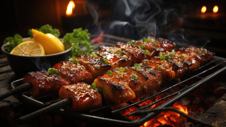 Delicious grilled yakitori with vegetable toppings, blur backgroundの素材