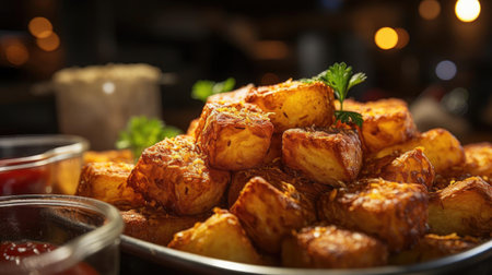 Crispy tater tots with savory salty spices with black and blur backgroundの素材