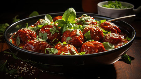 meatballs with melted tomato sauce on a bowl with a black and blur backgroundの素材