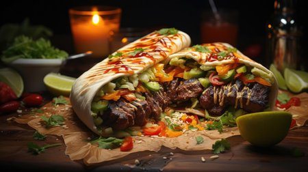 Delicious kebab full of meat and vegetables, black and blur backgroundの素材