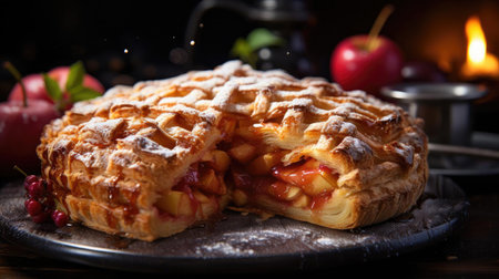 sweet apple pie with white sugar sprinkles on a wooden tray and blurred backgroundの素材