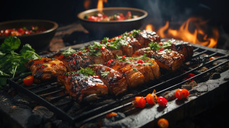 Delicious grilled yakitori with vegetable toppings, blur backgroundの素材