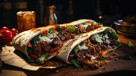 Delicious kebab full of meat and vegetables, black and blur backgroundの素材