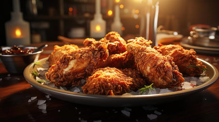 Delicious fried chicken with sweet and sour sauce on a wooden table with a blurred backgroundの素材