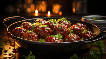 meatballs with melted tomato sauce on a bowl with a black and blur backgroundの素材
