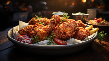 Delicious fried chicken with sweet and sour sauce on a wooden table with a blurred backgroundの素材