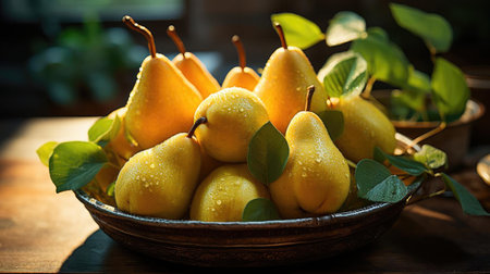 delicious fresh pears fruits with black and blur backgroundの素材