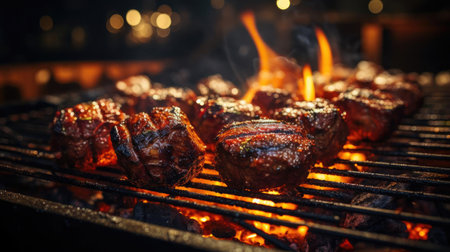 Realistic grilled barbeque with melted barbeque sauce and cut vegetables, black and blur backgroundの素材