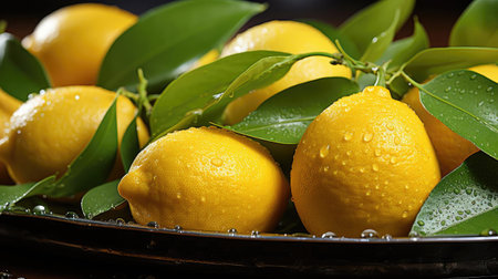 delicious fresh yellow lemons fruits on wood table with black and blur backgroundの素材