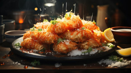 Delicious crispy tempura on a plate with blur backgroundの素材