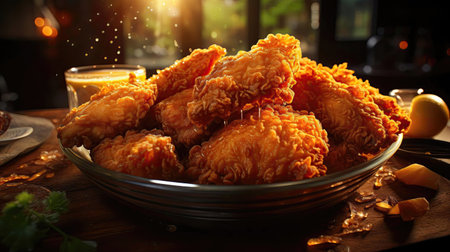 Buffalo wings with melted hot sauce on a wooden table with a blurred backgroundの素材