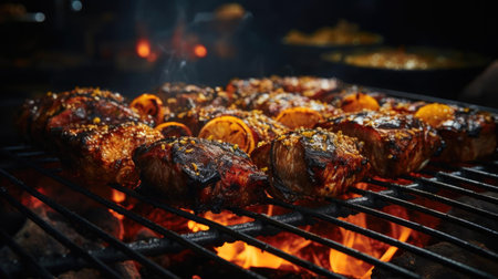 Realistic grilled barbeque with melted barbeque sauce and cut vegetables, black and blur backgroundの素材